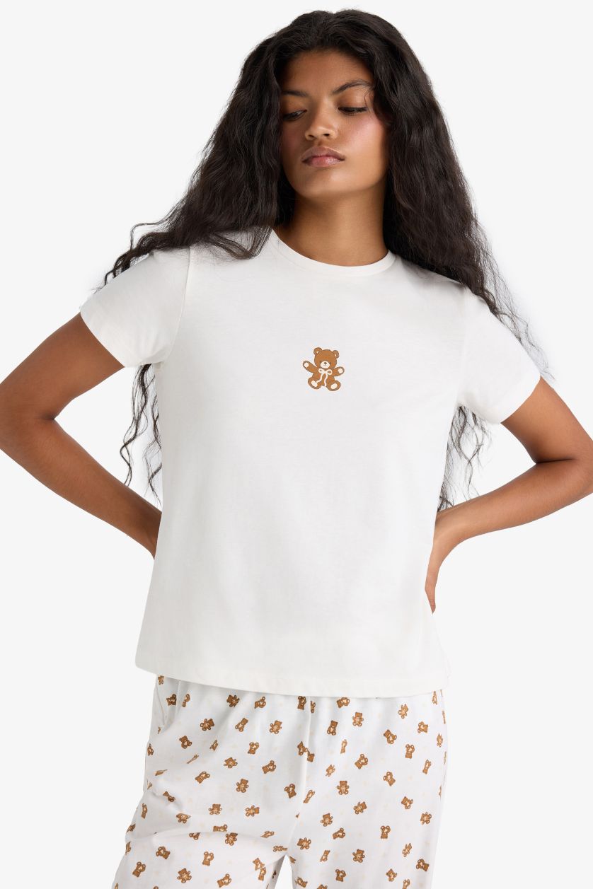 Kadın Ekru Pijama Takımı Regular Fit Baskılı Kısa Kollu Üst Desenli Uzun Alt