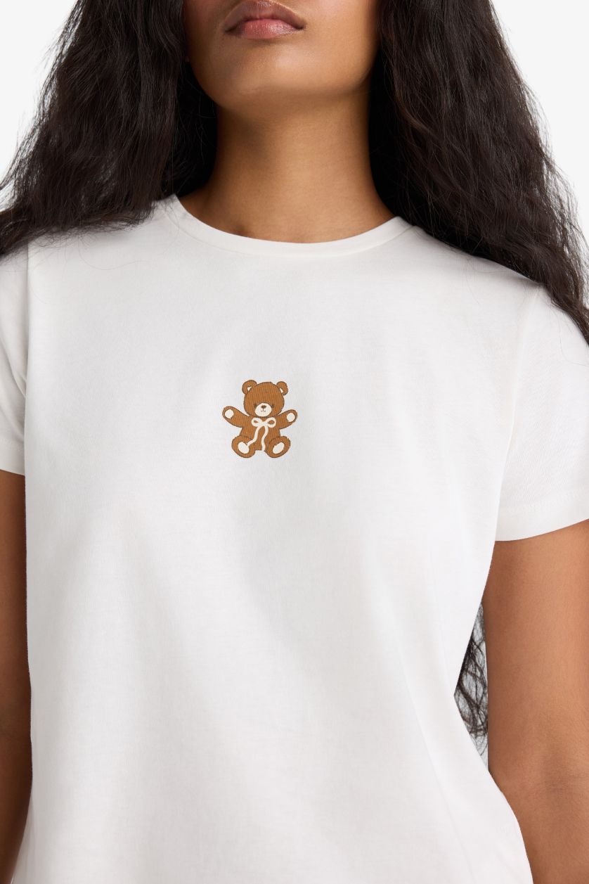 Kadın Ekru Pijama Takımı Regular Fit Baskılı Kısa Kollu Üst Desenli Uzun Alt