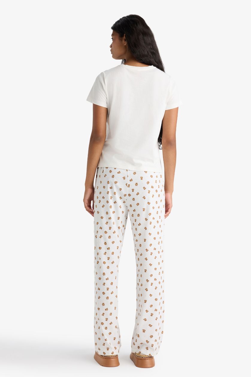 Kadın Ekru Pijama Takımı Regular Fit Baskılı Kısa Kollu Üst Desenli Uzun Alt