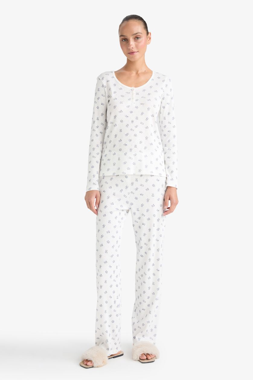 Kadın Ekru Pijama Takımı Desenli Pointel Kumaş Uzun Kollu Üst Uzun Alt