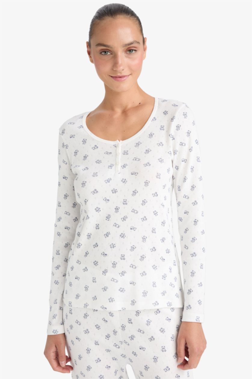 Kadın Ekru Pijama Takımı Desenli Pointel Kumaş Uzun Kollu Üst Uzun Alt