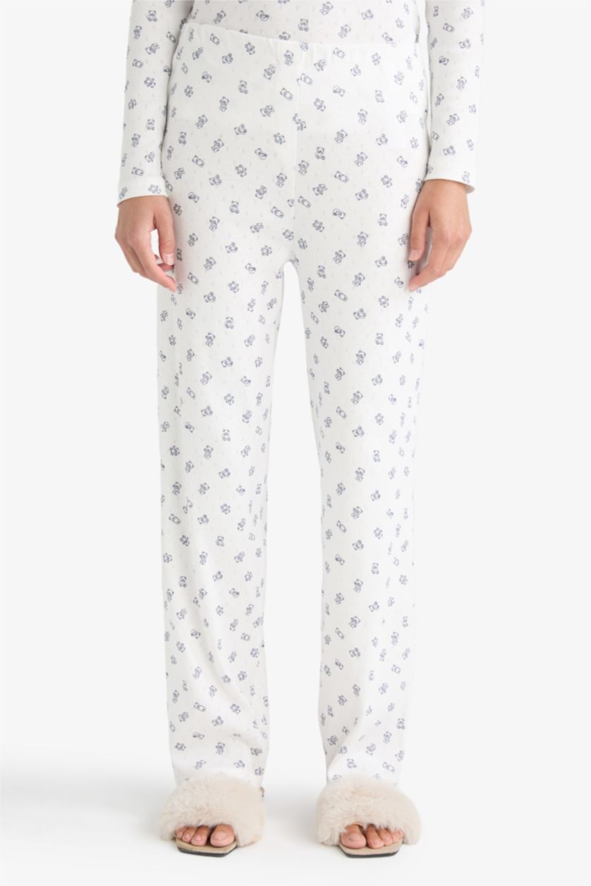 Kadın Ekru Pijama Takımı Desenli Pointel Kumaş Uzun Kollu Üst Uzun Alt