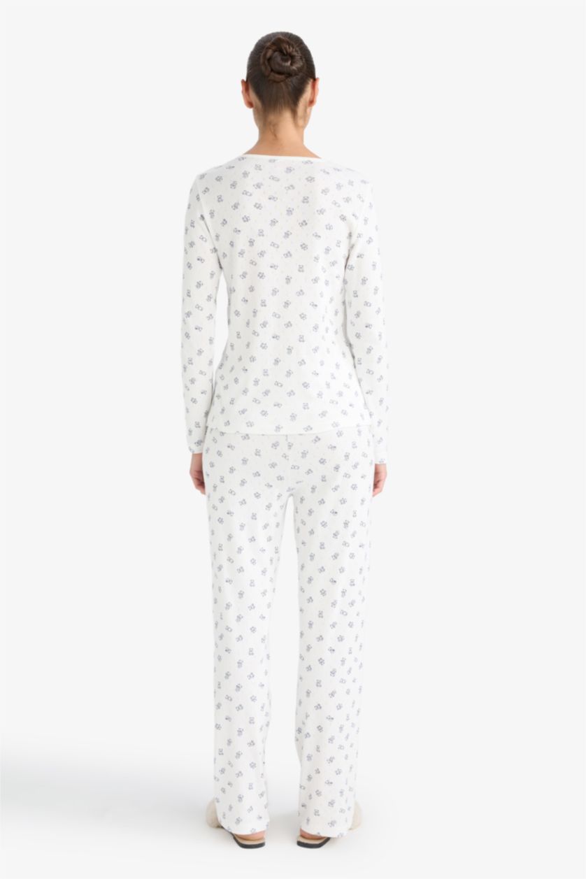 Kadın Ekru Pijama Takımı Desenli Pointel Kumaş Uzun Kollu Üst Uzun Alt