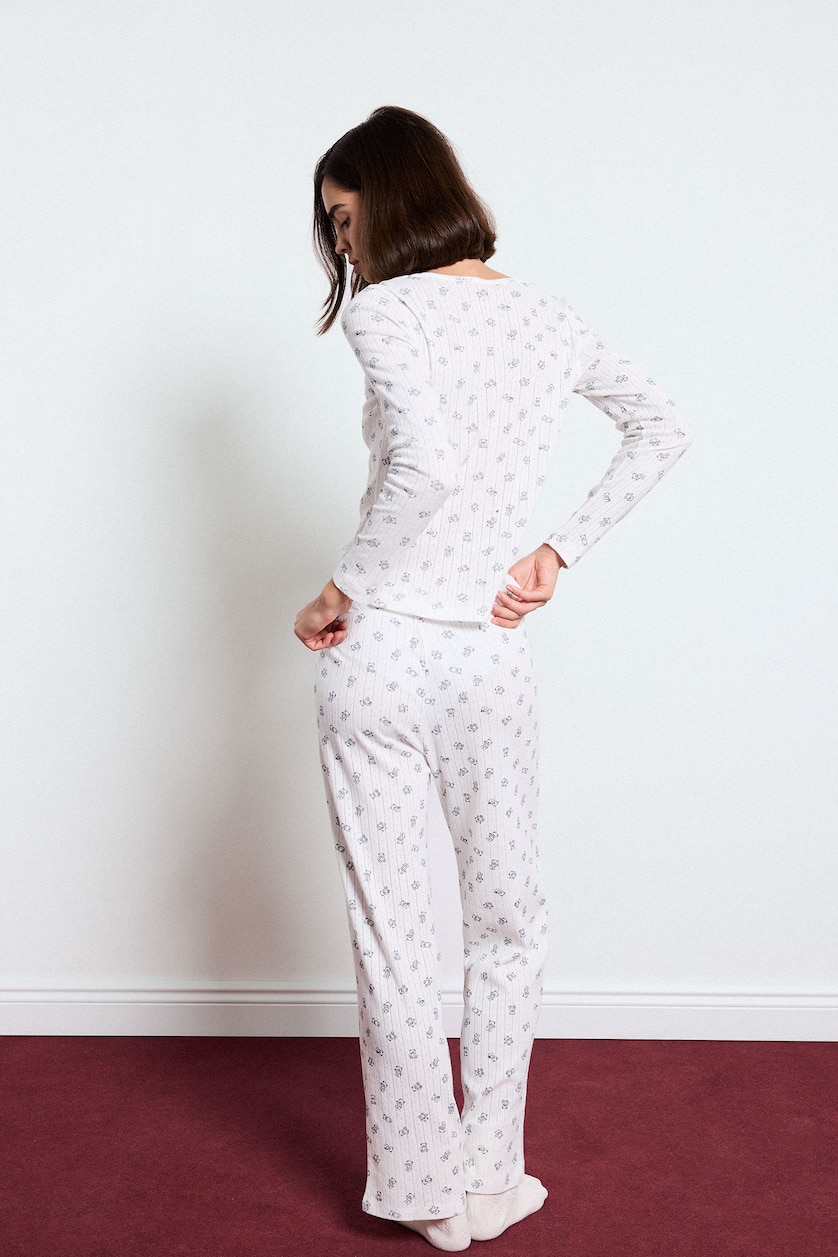 Kadın Ekru Regular Fit Ayıcıklı Uzun Kollu Pijama Takımı