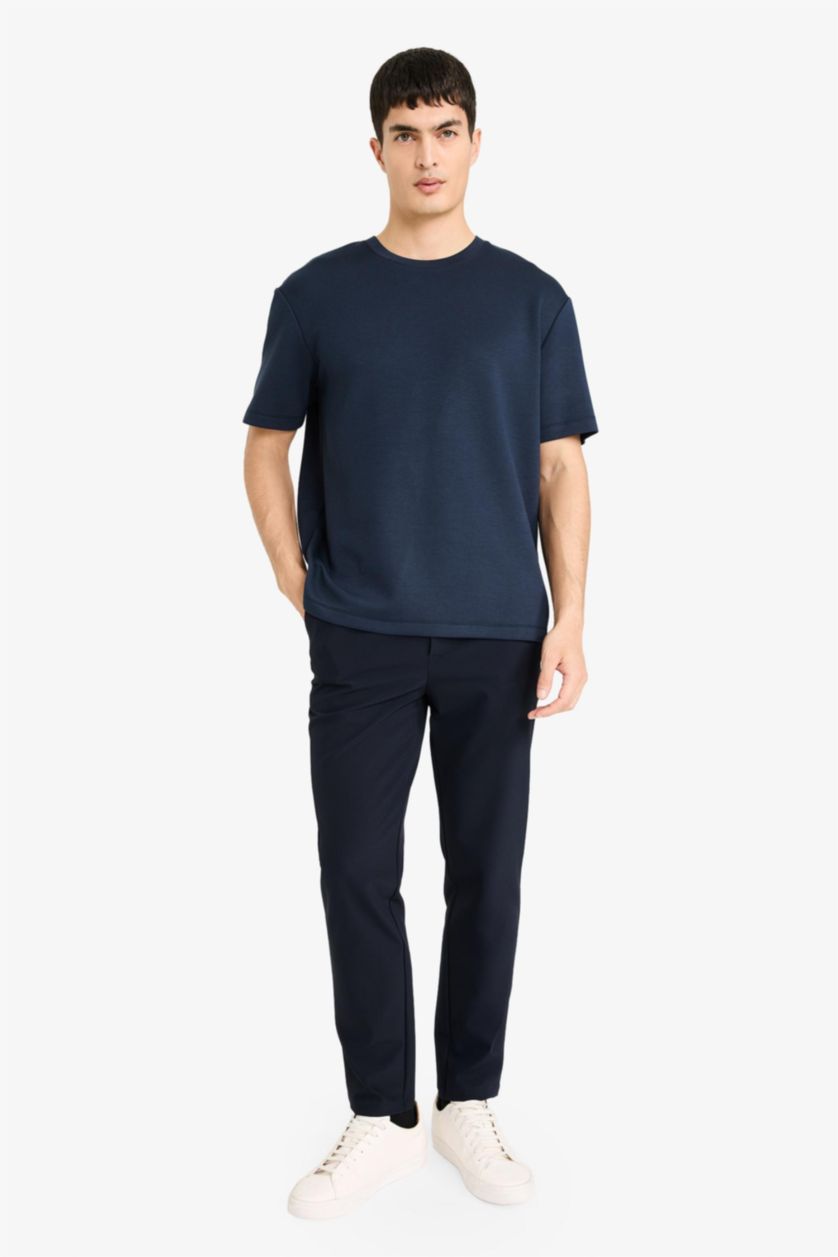 رجالي كحلي تيشيرت نص كم قصة عادية برقبة مستديرة