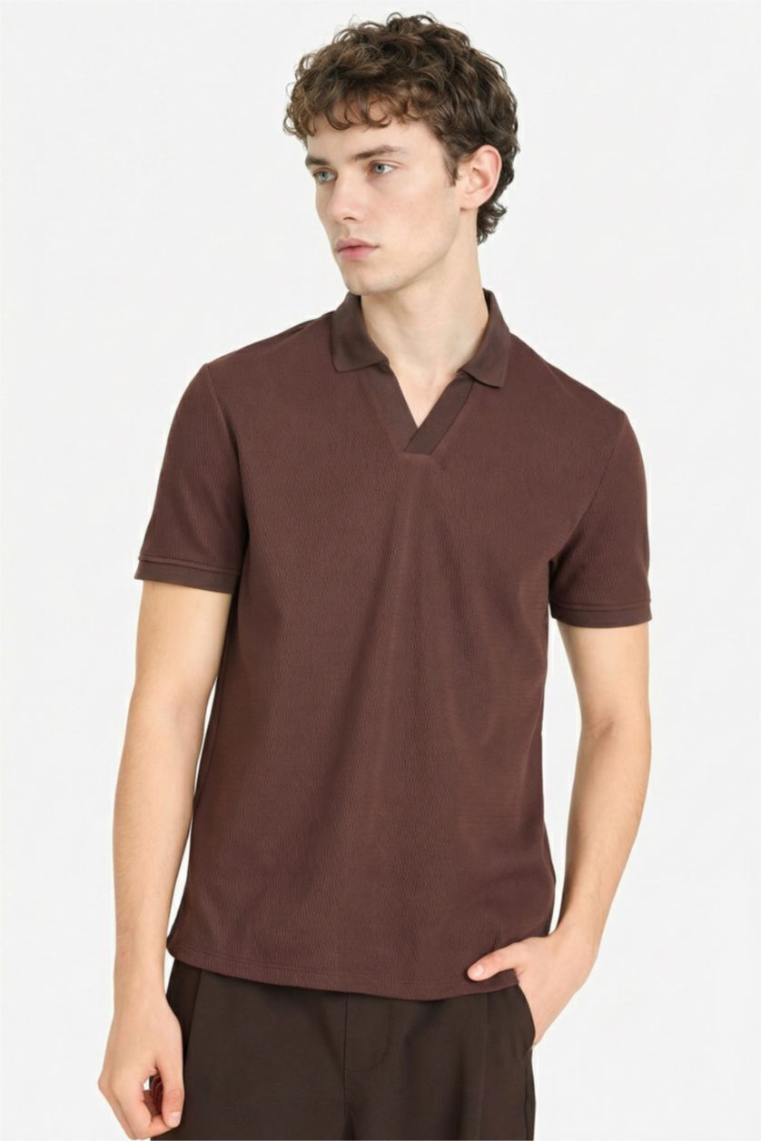 MAN Brown Regular Fit Zippered Collar Short Sleeves Polo T-shirt