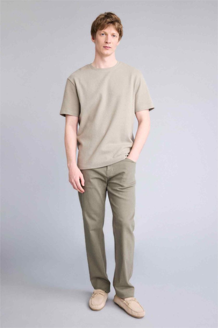 رجالي كاكي تيشيرت نص كم قصة عادية برقبة مستديرة