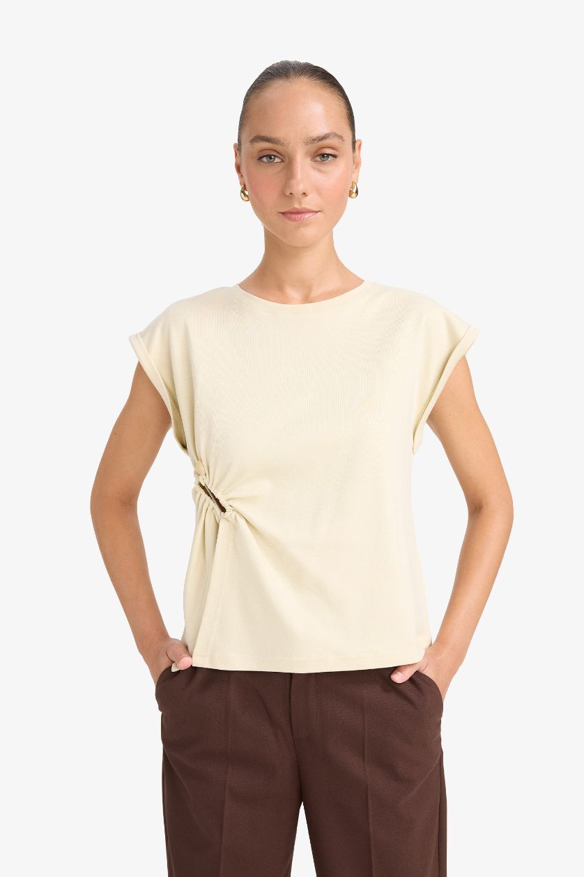 نساء اللون الحجري تيشيرت نص ردن بياخة مستديرة