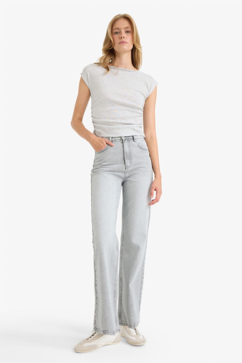 Kadın Gri Melanj Slim Fit Dar Kesim Kayık Yaka Ribana Büzgülü Bluz