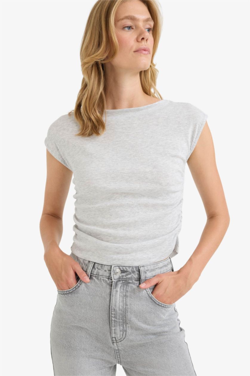 Kadın Gri Melanj Slim Fit Dar Kesim Kayık Yaka Ribana Büzgülü Bluz