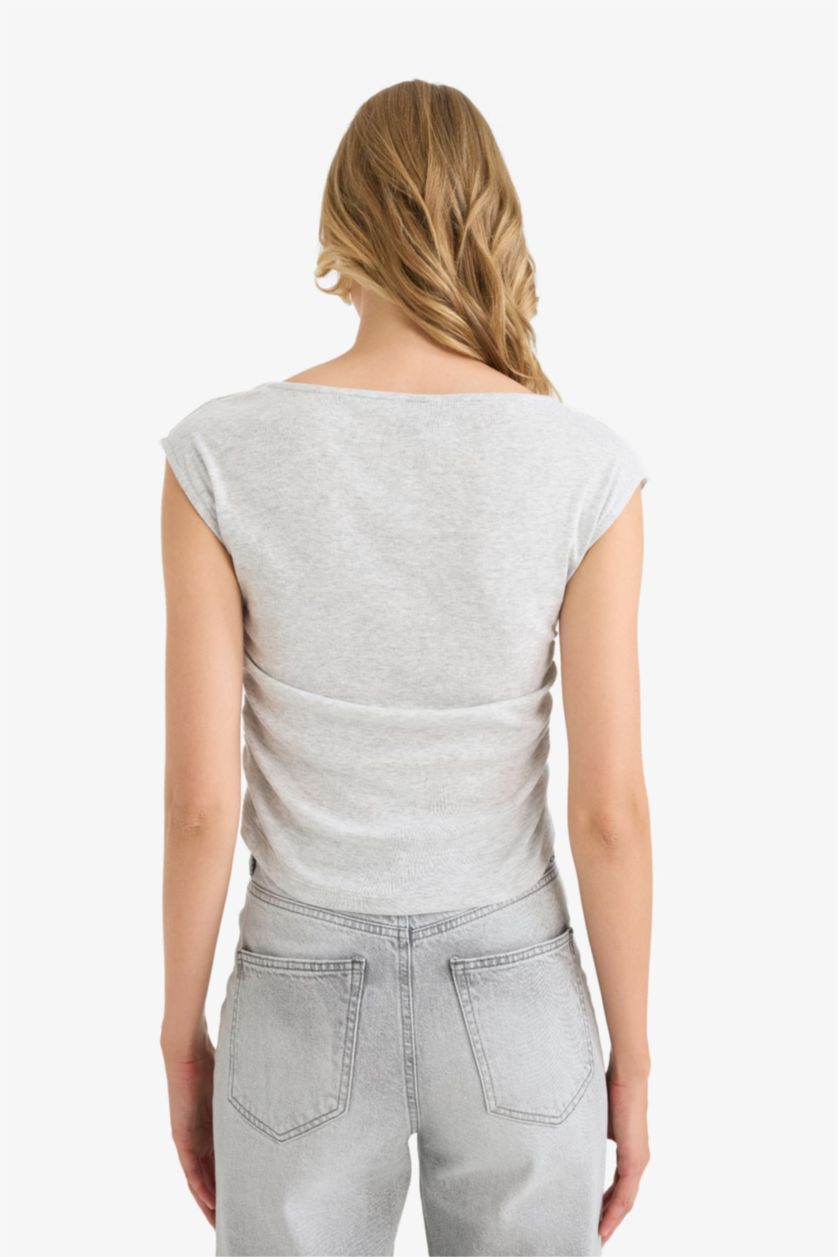 Kadın Gri Melanj Slim Fit Dar Kesim Kayık Yaka Ribana Büzgülü Bluz