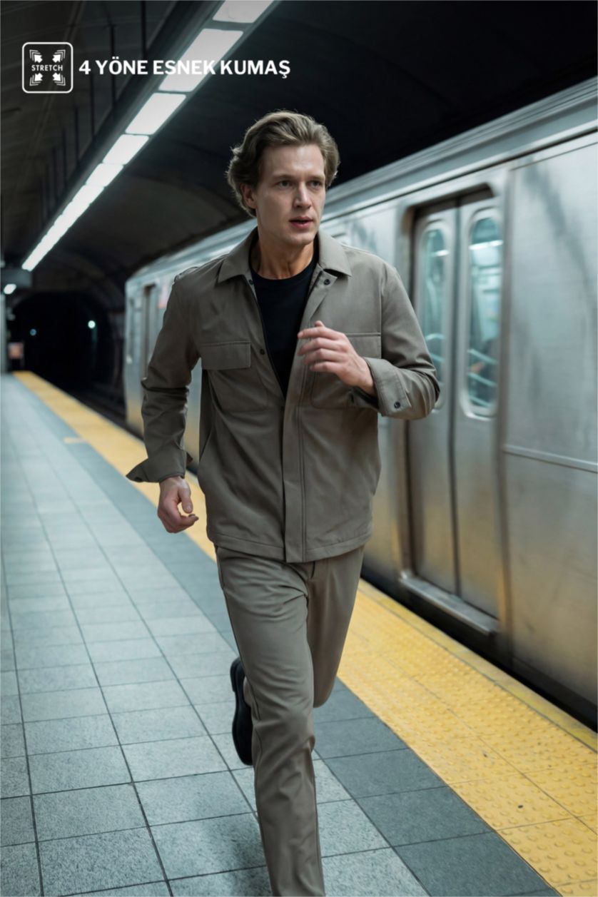 Erkek Meşe Yeşili Çabuk Kuruyan İnce Polo Yaka Gömlek Ceket