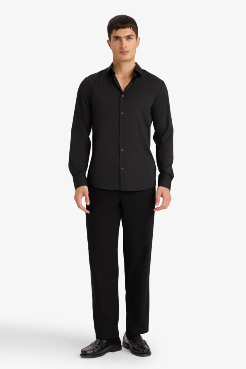 Ерлер қара Slim Fit поло жағалы ұзын жеңді негізгі basic жейде