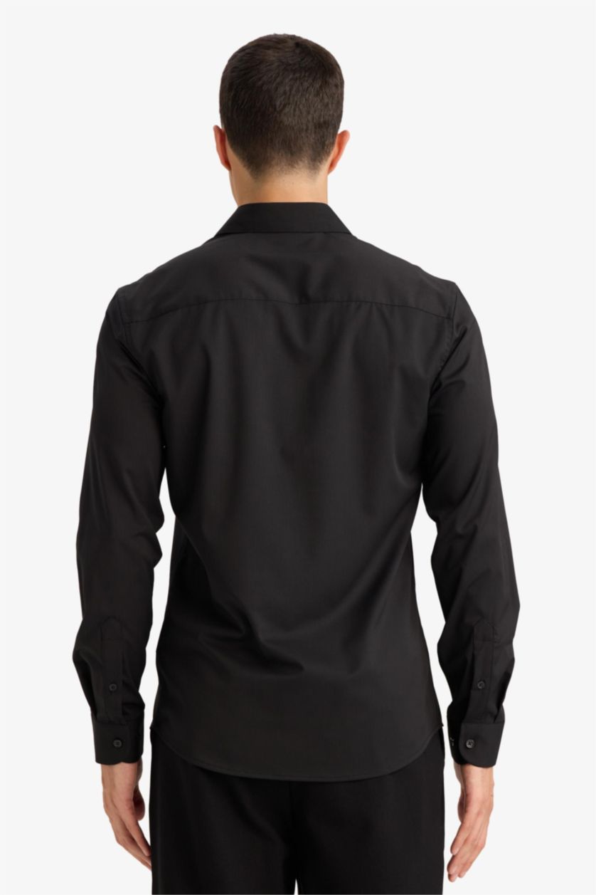 Ерлер қара Slim Fit поло жағалы ұзын жеңді негізгі basic жейде