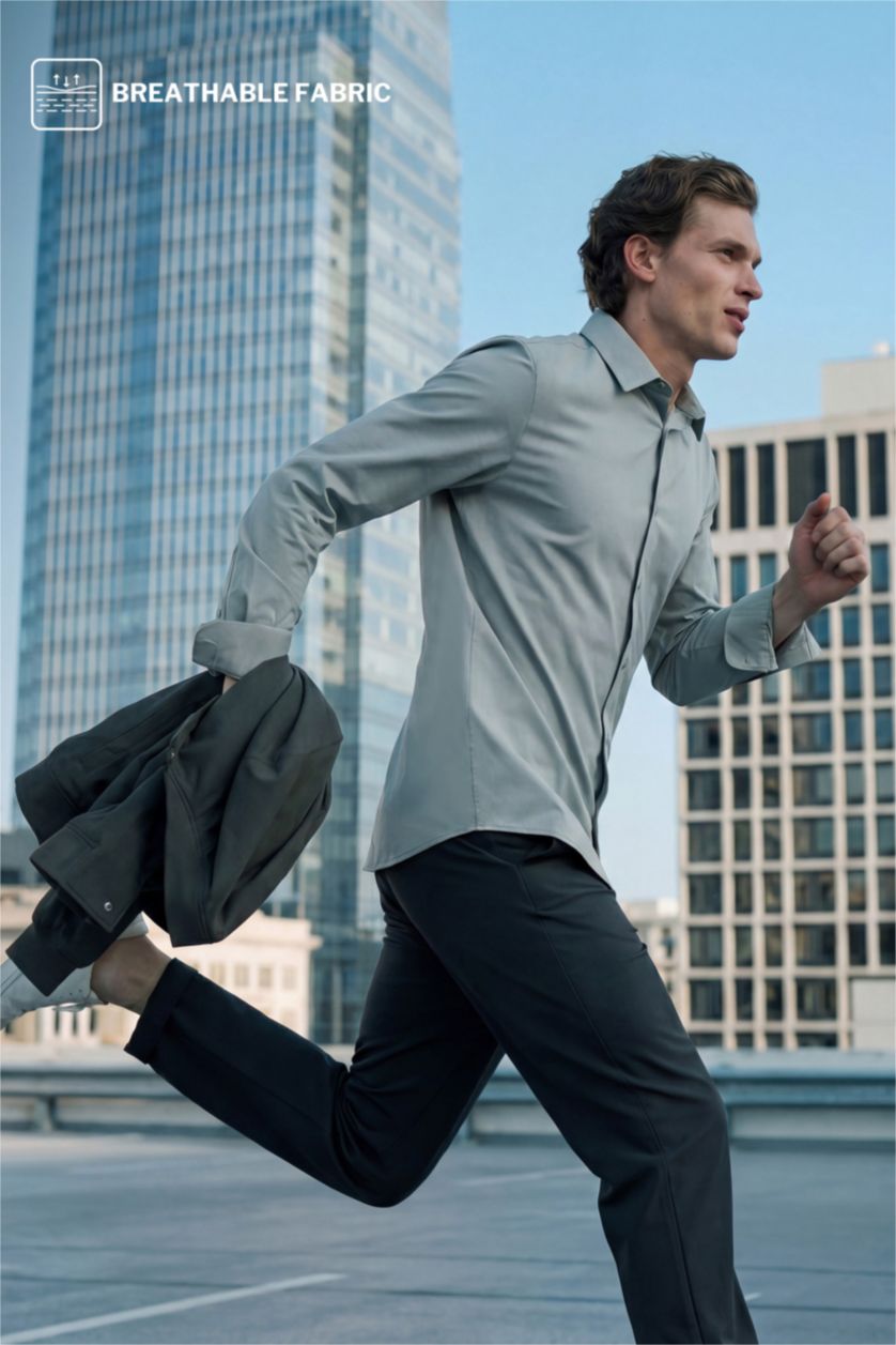 Ерлер ашық жасыл Slim Fit поло жағалы ұзын жеңді негізгі basic жейде