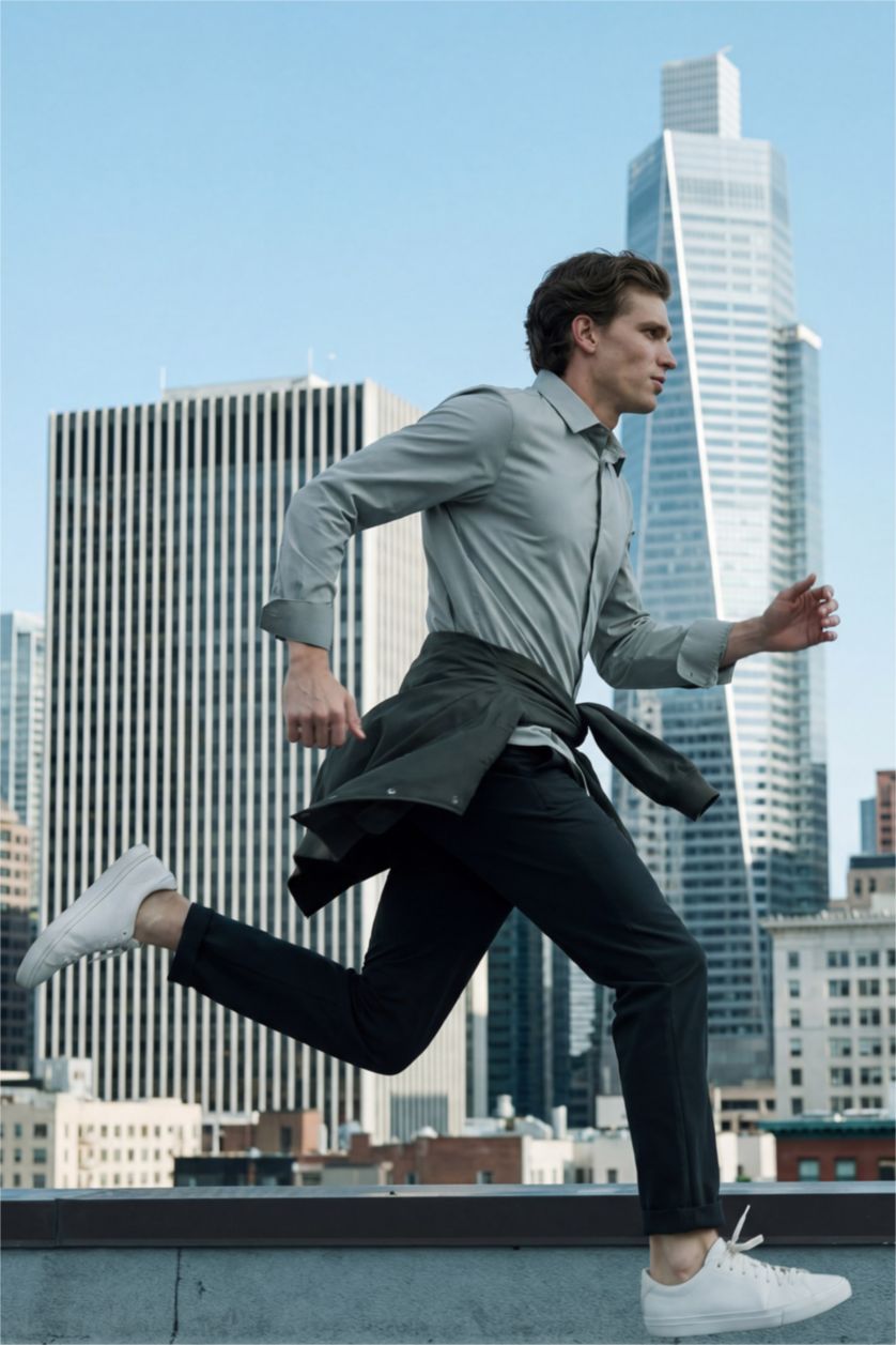 Ерлер ашық жасыл Slim Fit поло жағалы ұзын жеңді негізгі basic жейде