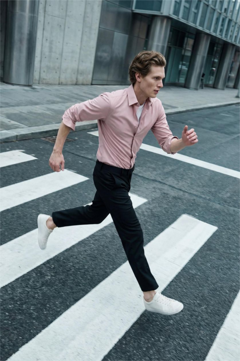 Ерлер Қызғылт Slim Fit поло жағалы ұзын жеңді негізгі basic жейде