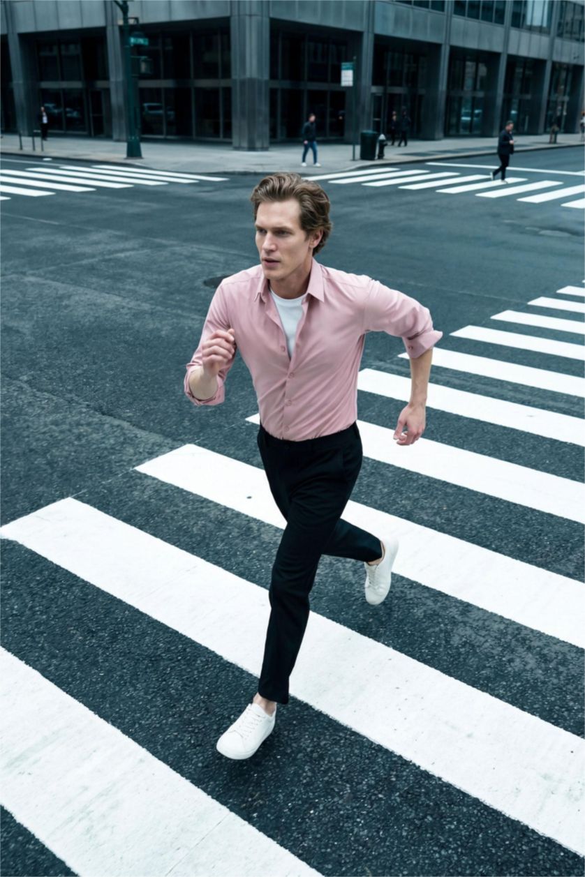 Ерлер Қызғылт Slim Fit поло жағалы ұзын жеңді негізгі basic жейде