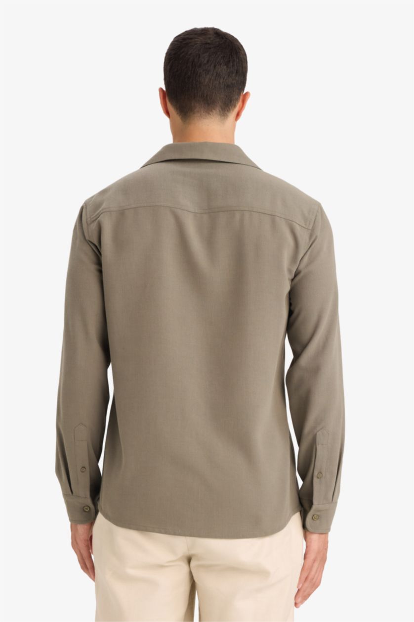 Мужчины Хаки Рубашка Modern Fit с воротником поло и длинным рукавом