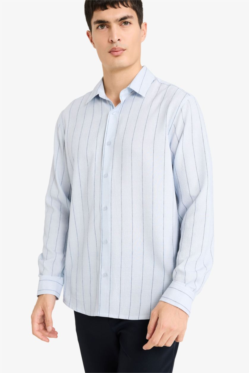 MAN Light Blue Regular Fit Polo Neck Crinkle Long Sleeve Shirt