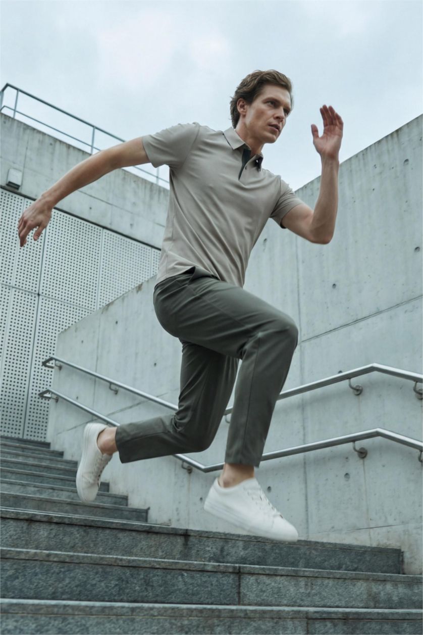 Мужчины Песочный Футболка поло Slim Fit с коротким рукавом