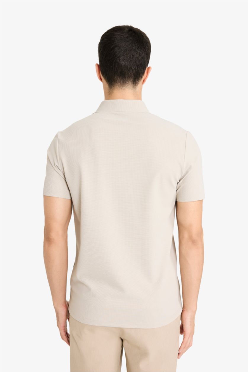 رجال اللون الرملي تيشيرت بولو  نص كم سليم فيت