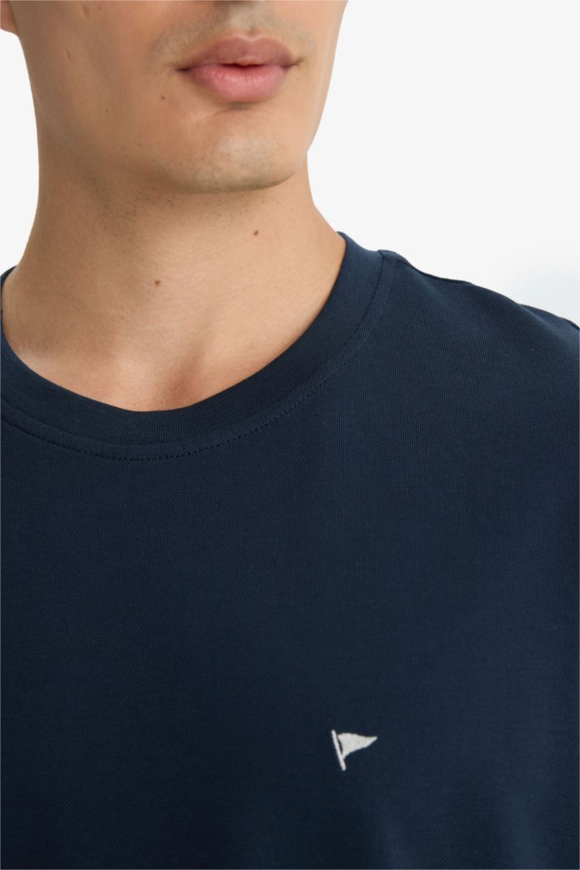 Erkek Lacivert Bisiklet Yaka Pike Kısa Kollu Tişört