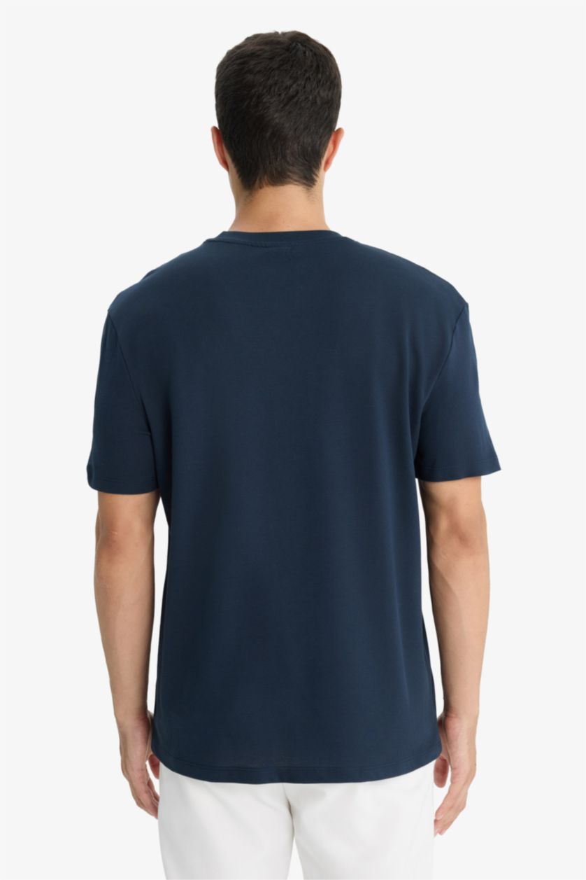 Erkek Lacivert Bisiklet Yaka Pike Kısa Kollu Tişört