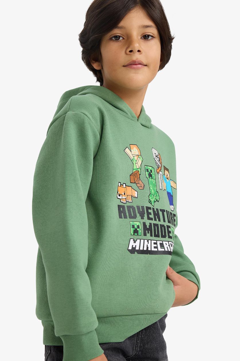 Erkek Çocuk - Genç Erkek Yeşil Minecraft Kapüşonlu İçi Yumuşak Tüylü Sweatshirt Erkek Çocuk