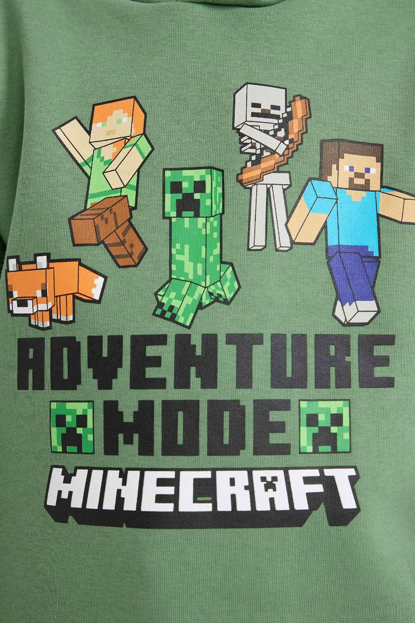 Erkek Çocuk - Genç Erkek Yeşil Minecraft Kapüşonlu İçi Yumuşak Tüylü Sweatshirt Erkek Çocuk