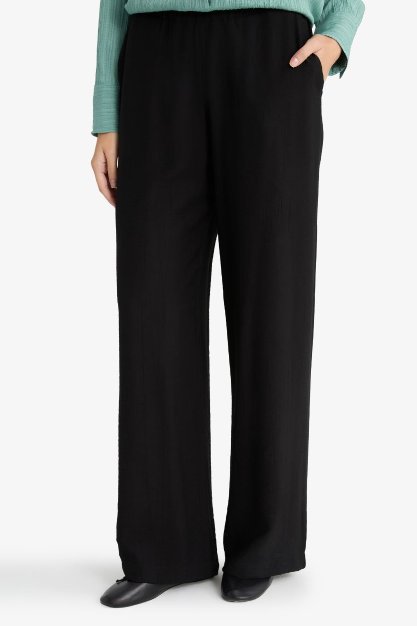 WOMAN Black Regular Fit Crinkle Fabric Trousers