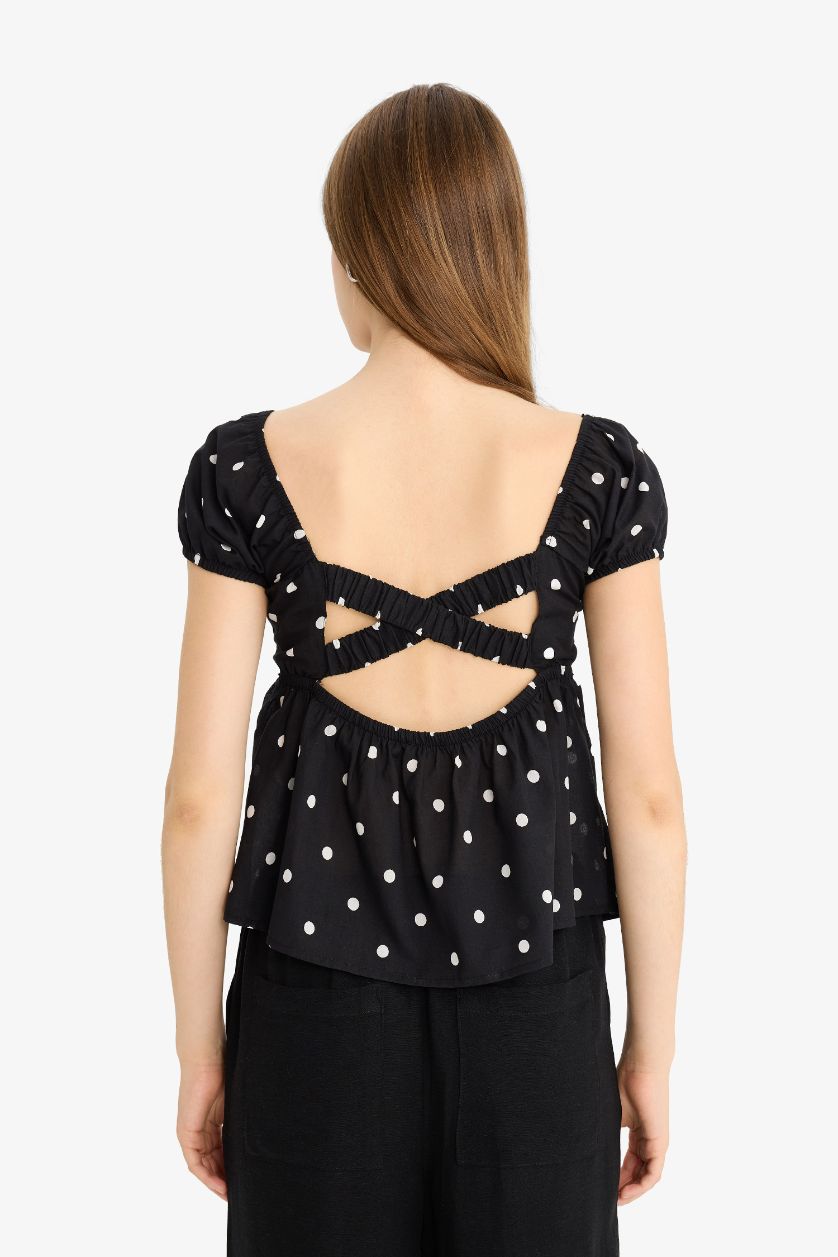 نساء أسود بلوزة نص كم منقط قصة عادية برقبة قلب