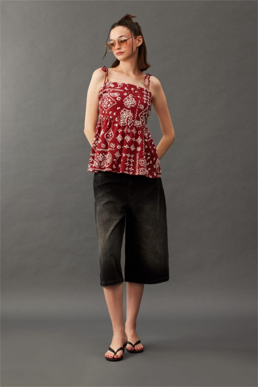Kadın Bordo Flare Fıt Şal Desenli Poplin Kolsuz Bluz
