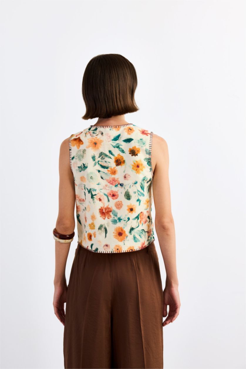 Kadın Açık Kahve Fitted Çiçek Desenli Önden Bağlamalı Poplin Yelek