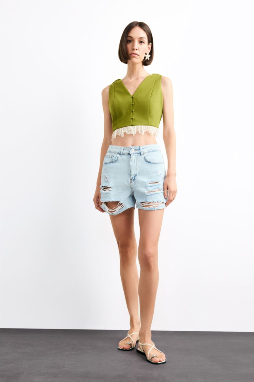 نساء كاكي يلك مخصر بأزرار مفصل بالدانتيل