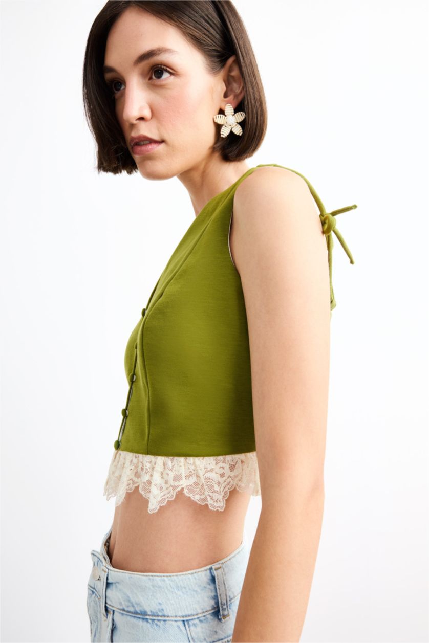 نساء كاكي يلك مخصر بأزرار مفصل بالدانتيل