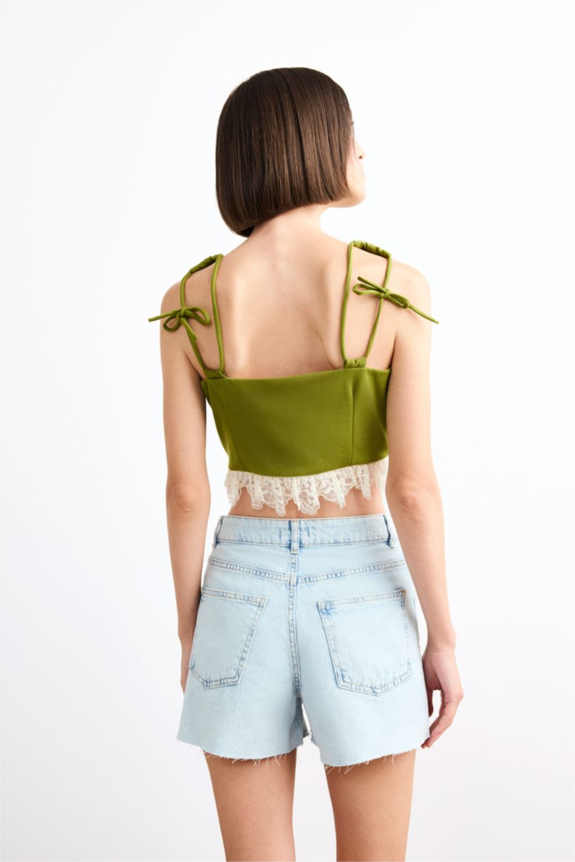 نساء كاكي يلك مخصر بأزرار مفصل بالدانتيل