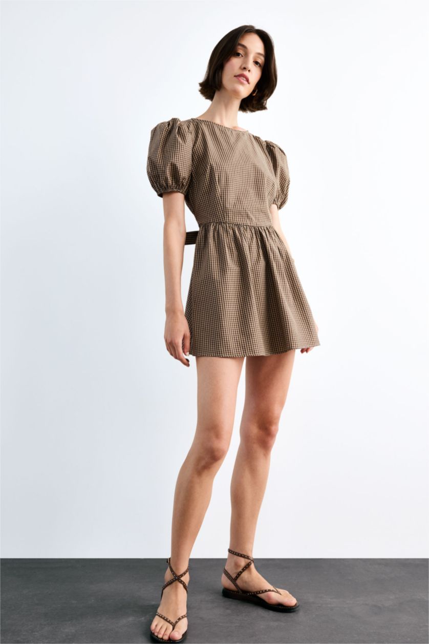 Kadın Açık Kahve Fitted Kareli Poplin Kısa Kollu Mini Elbise