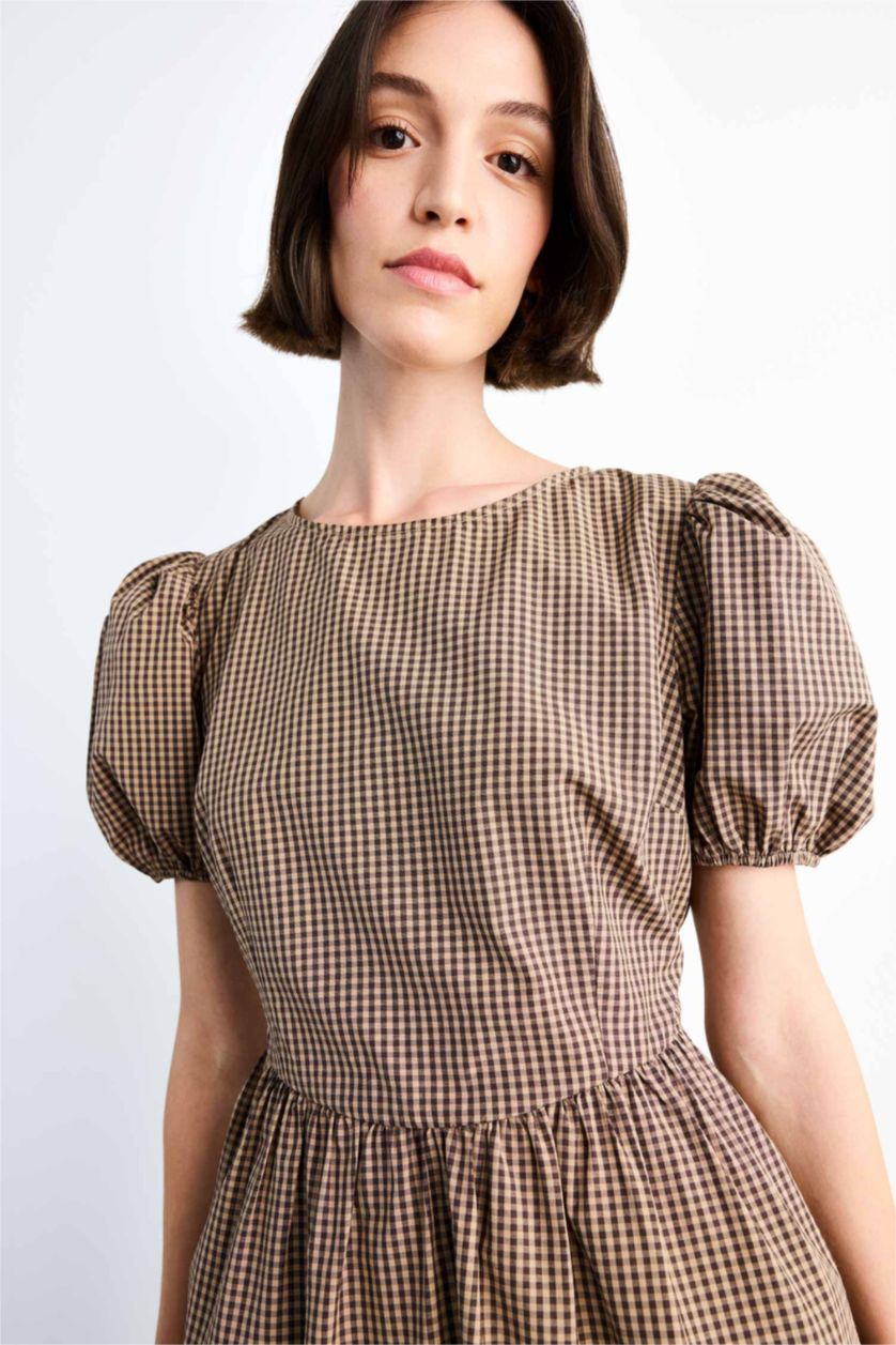 Kadın Açık Kahve Fitted Kareli Poplin Kısa Kollu Mini Elbise