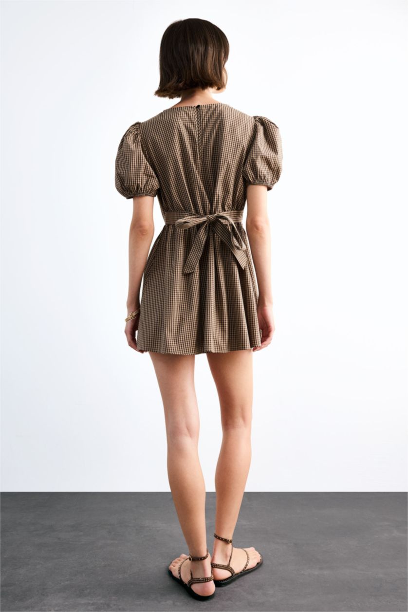 Kadın Açık Kahve Fitted Kareli Poplin Kısa Kollu Mini Elbise
