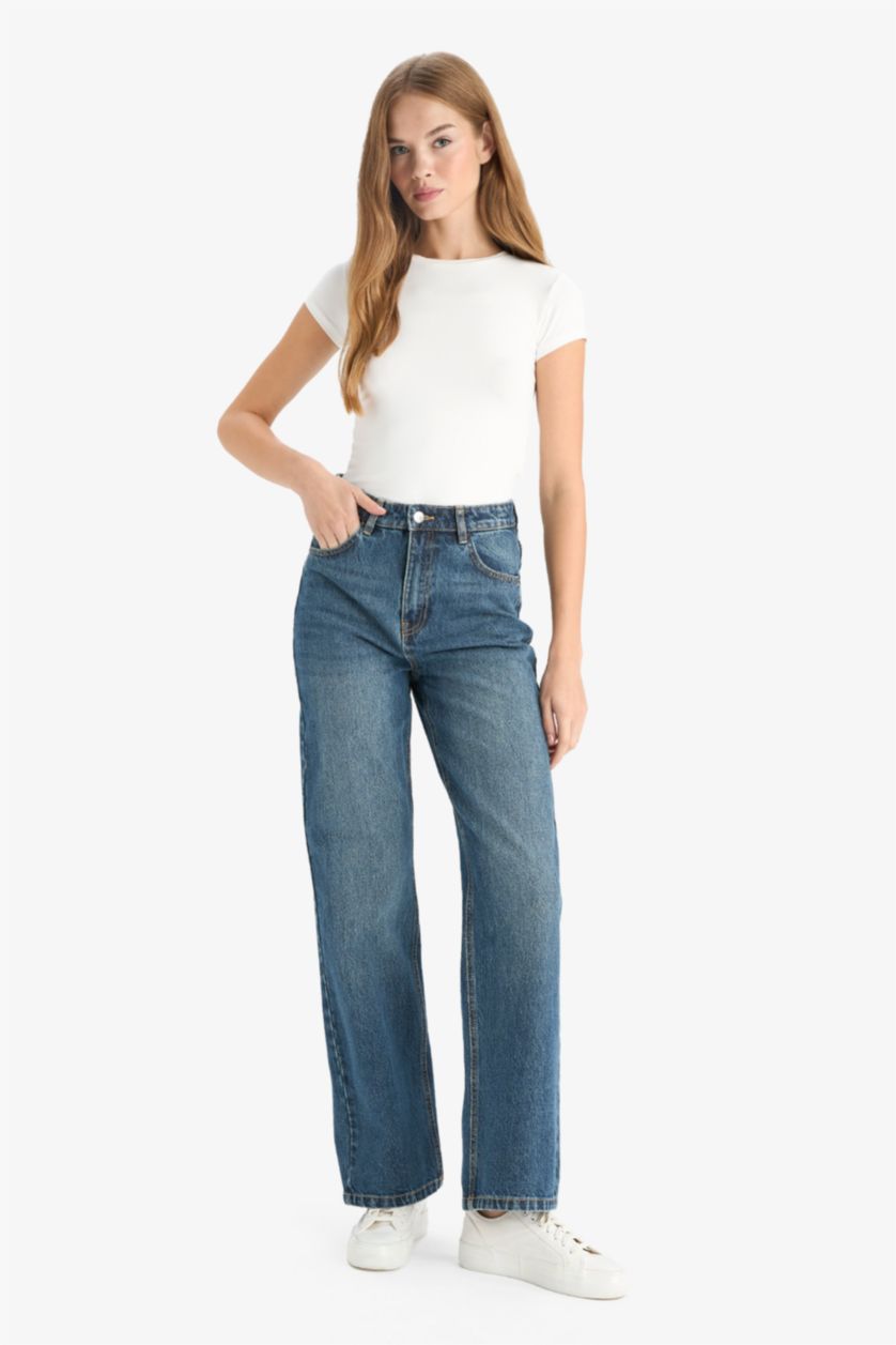 نساء أزرق سروال جينز وايد ليج برجل عادي