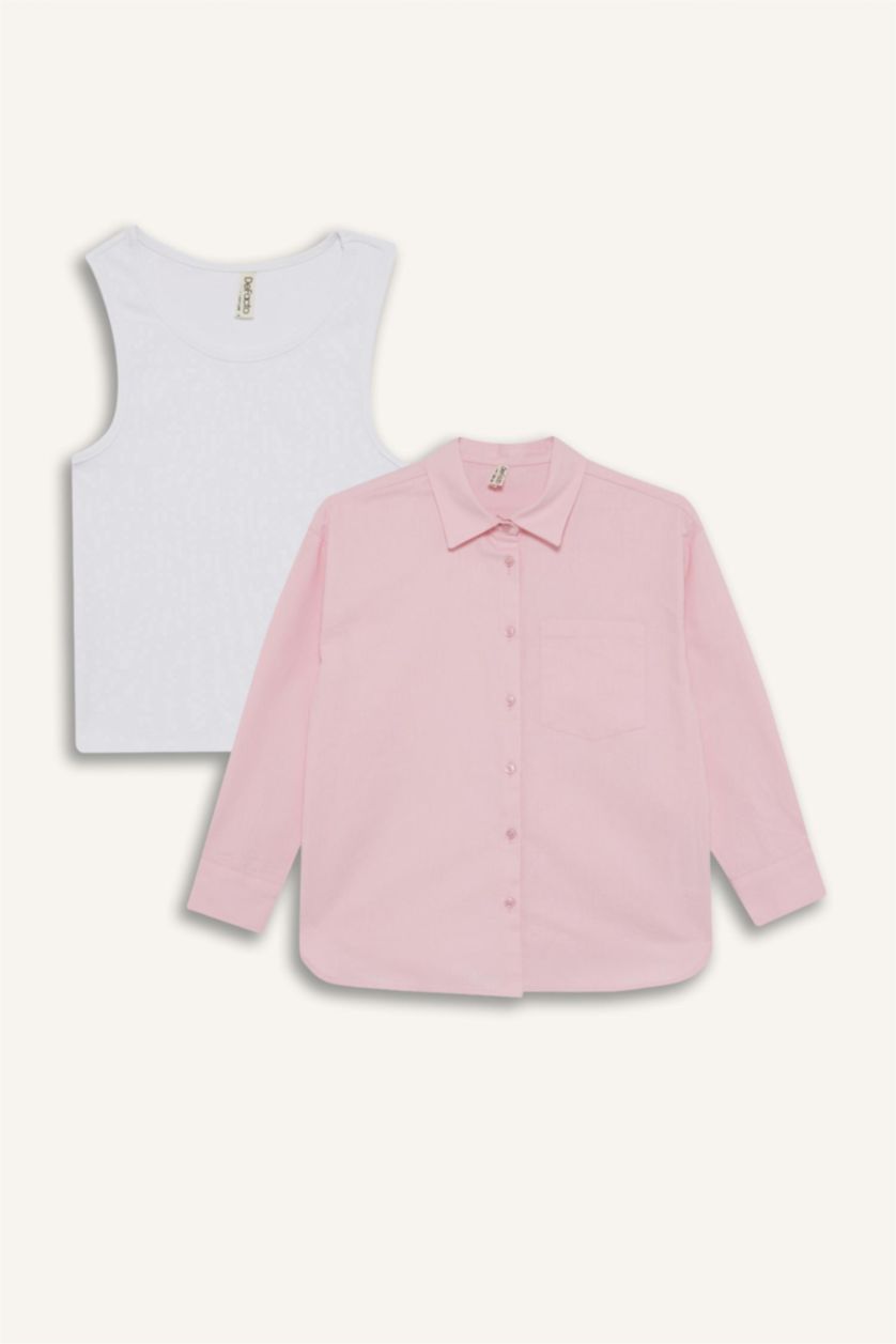 Kız Çocuk - Genç Kız Pembe 2'li Takım Okul Oxford Uzun Kollu Gömlek Tişört Kız Çocuk