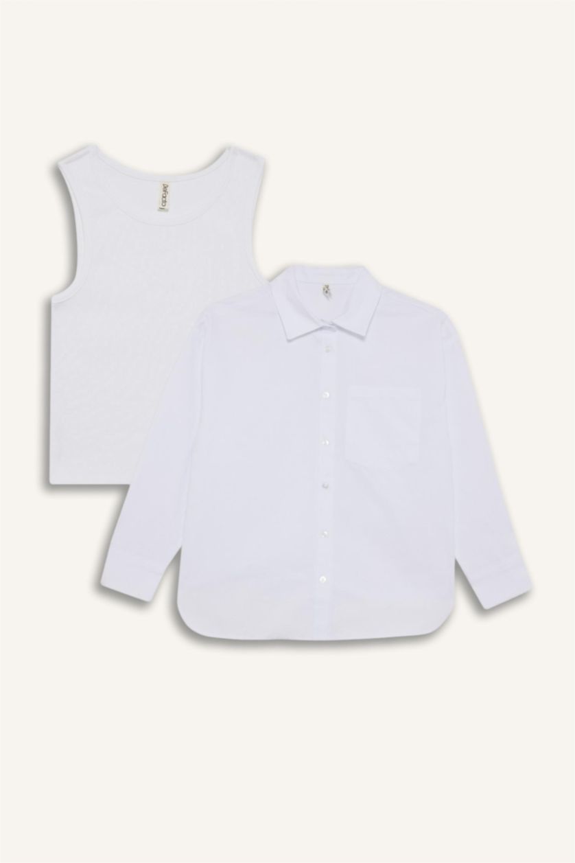 Kız Çocuk - Genç Kız Beyaz 2'li Takım Okul Oxford Uzun Kollu Gömlek Tişört Kız Çocuk