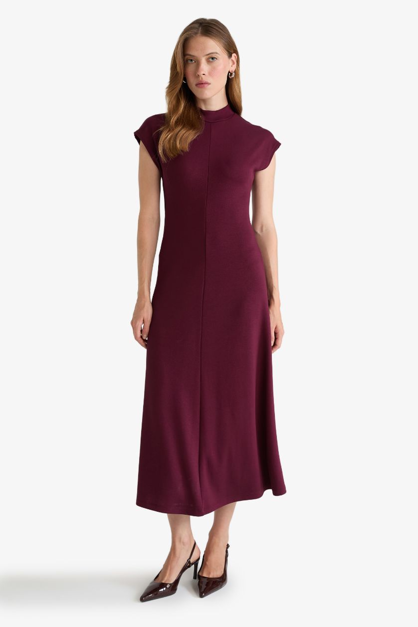 Kadın Bordo Yarım Balıkçı Yaka Ribana Kısa Kollu Midi Elbise