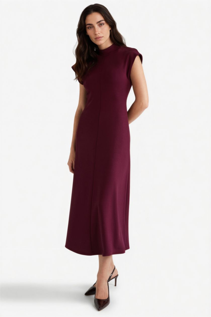 Kadın Bordo Yarım Balıkçı Yaka Ribana Kısa Kollu Midi Elbise