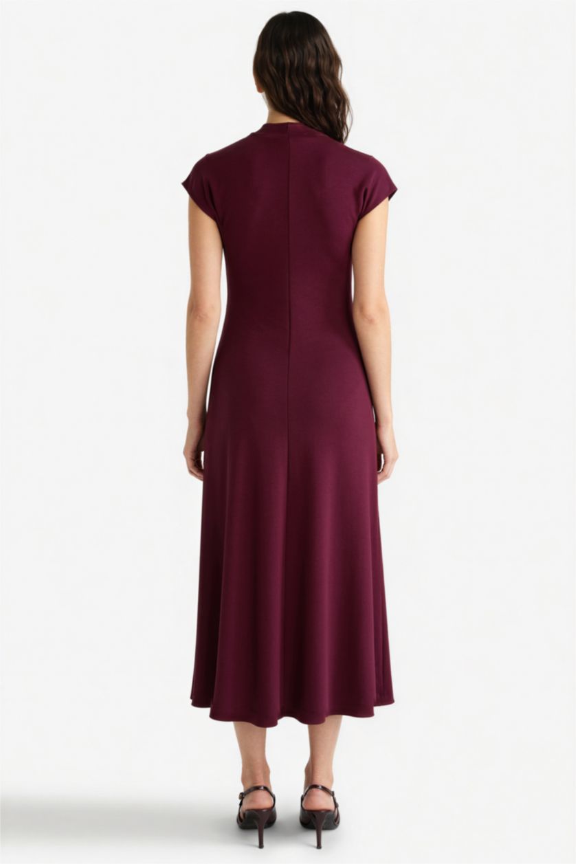 Kadın Bordo Yarım Balıkçı Yaka Ribana Kısa Kollu Midi Elbise