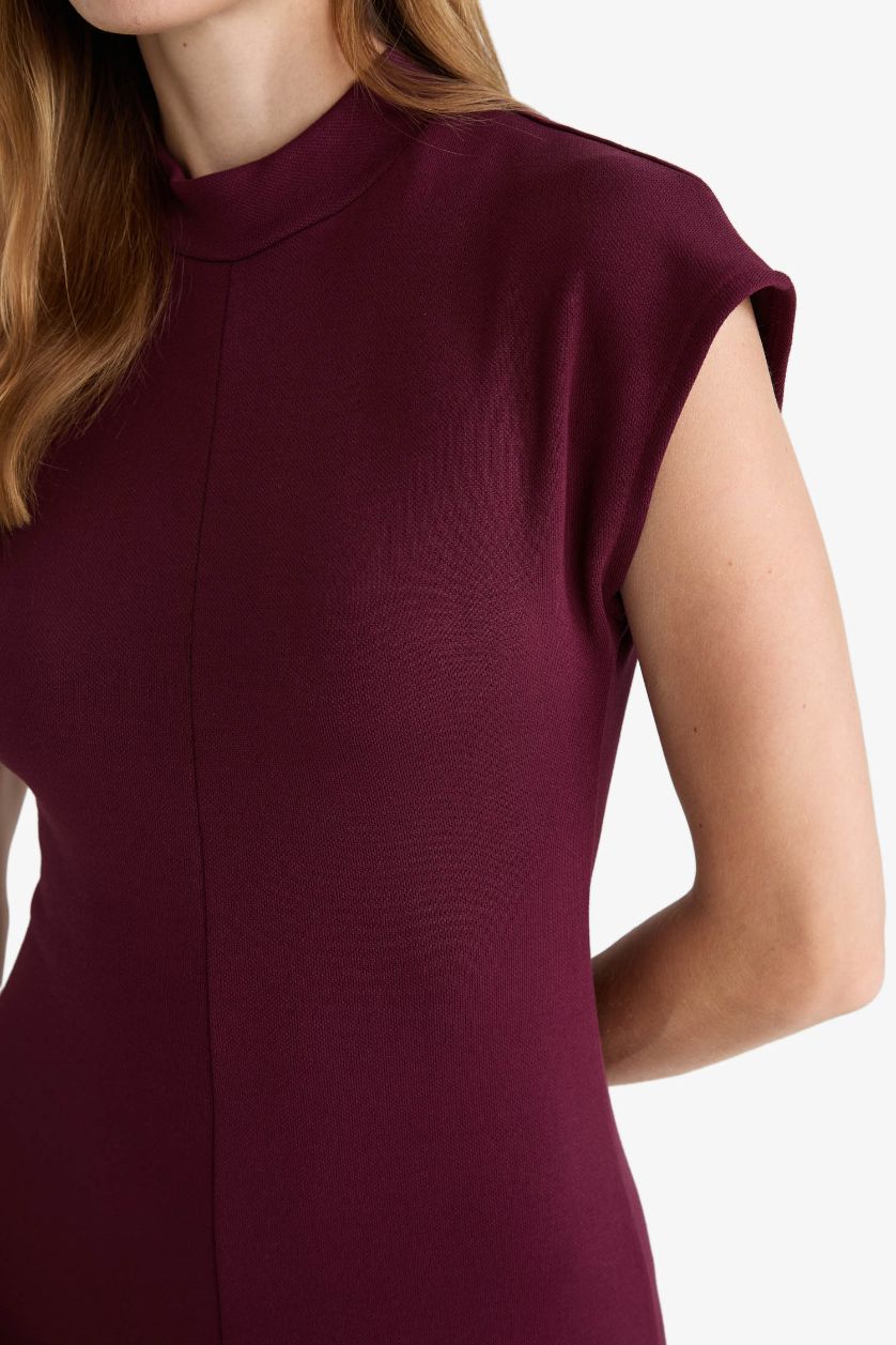 Kadın Bordo Yarım Balıkçı Yaka Ribana Kısa Kollu Midi Elbise