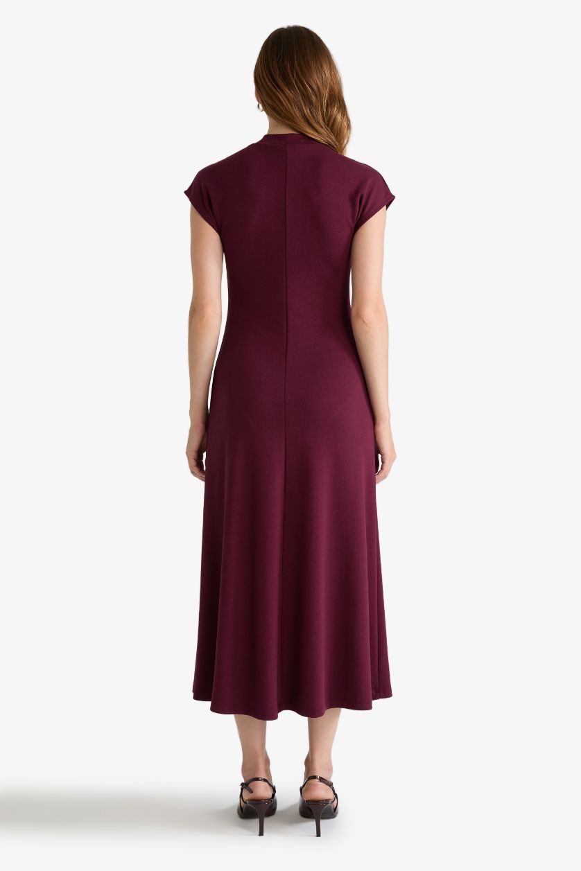 Kadın Bordo Yarım Balıkçı Yaka Ribana Kısa Kollu Midi Elbise