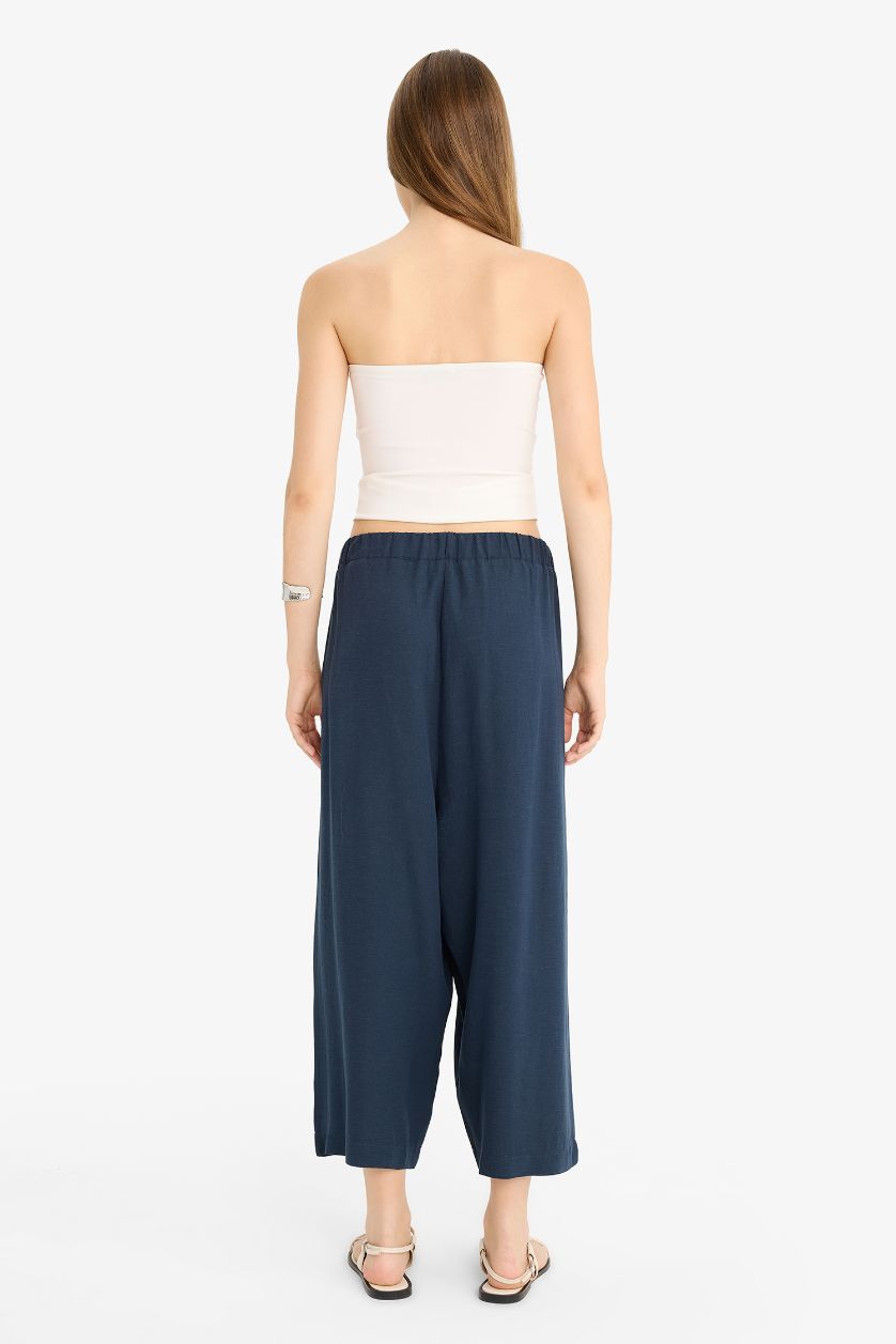 Kadın Lacivert Balloon Fit Çift Cepli Normal Bel Crop Keten Karışımlı Pantolon