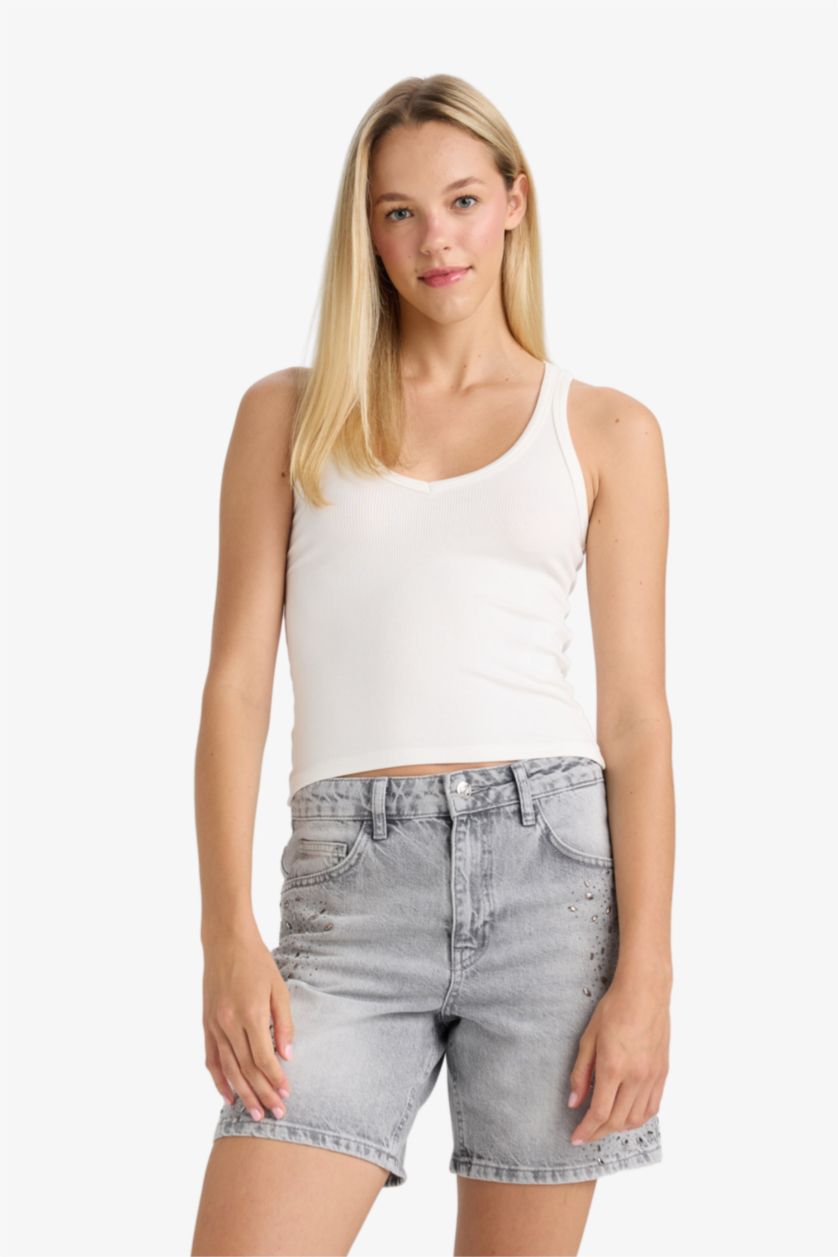 FEMME Gris Short Bermuda en jean taille haute